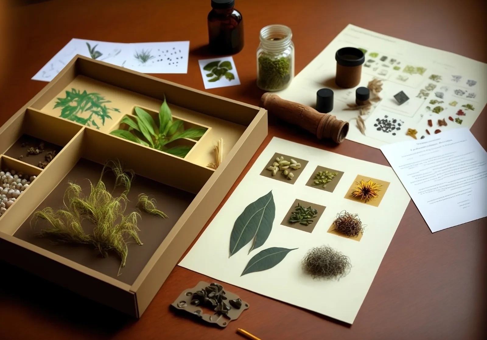 モンテッソーリ教育のサイエンス。いくつかの植物を並べ観察する様子。